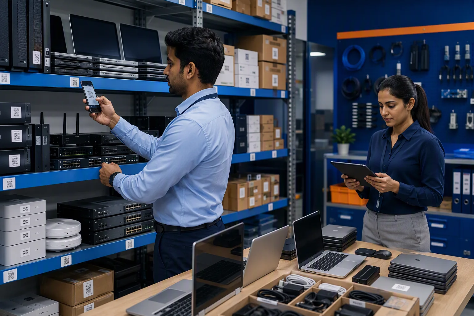 Team scanning QR asset tags on routers, laptops and other IT equipment during an inventory audit