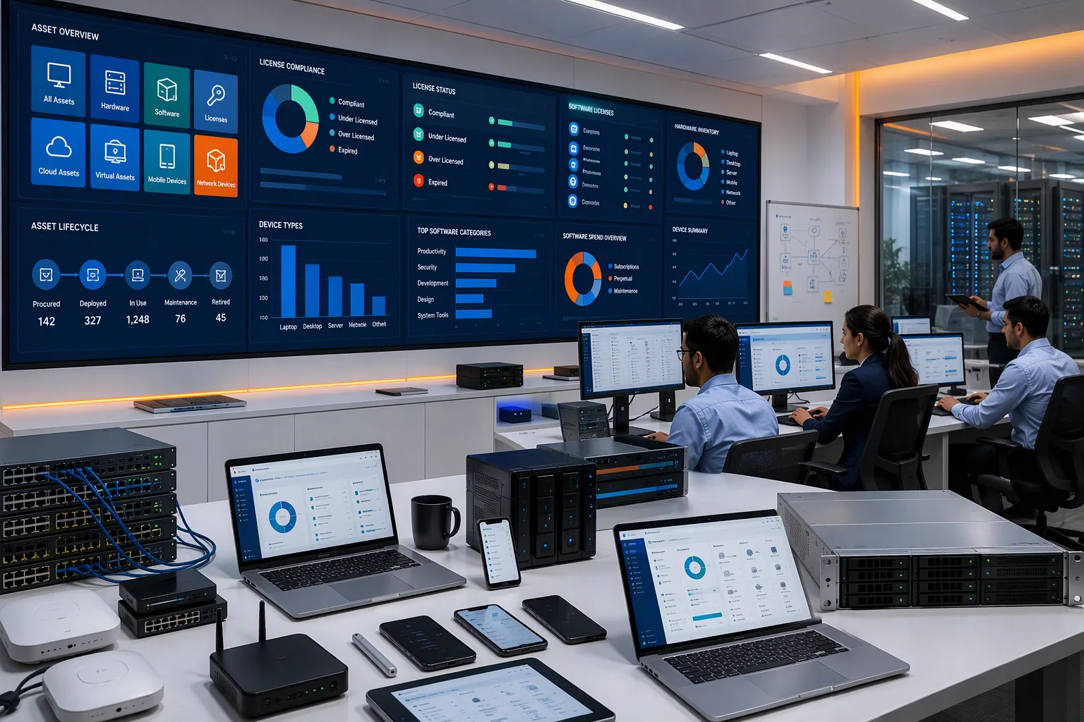 Enterprise IT asset inventory showing company hardware and software license visibility