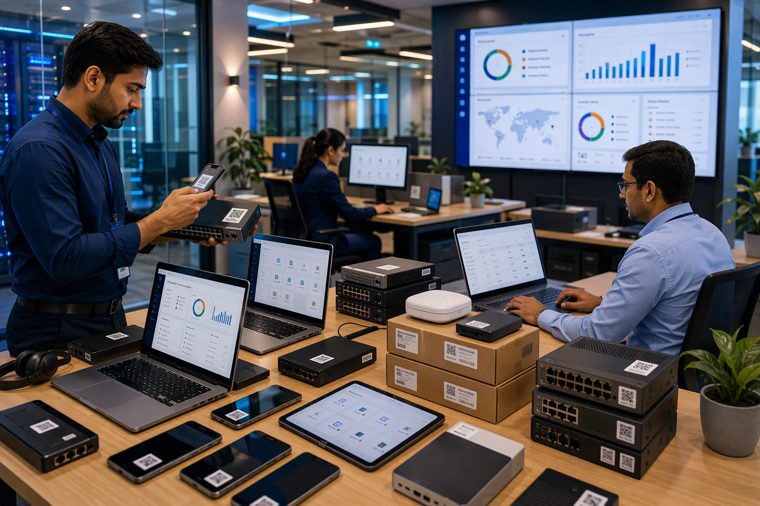 IT team tracking company laptops, mobile devices and network hardware using QR asset labels