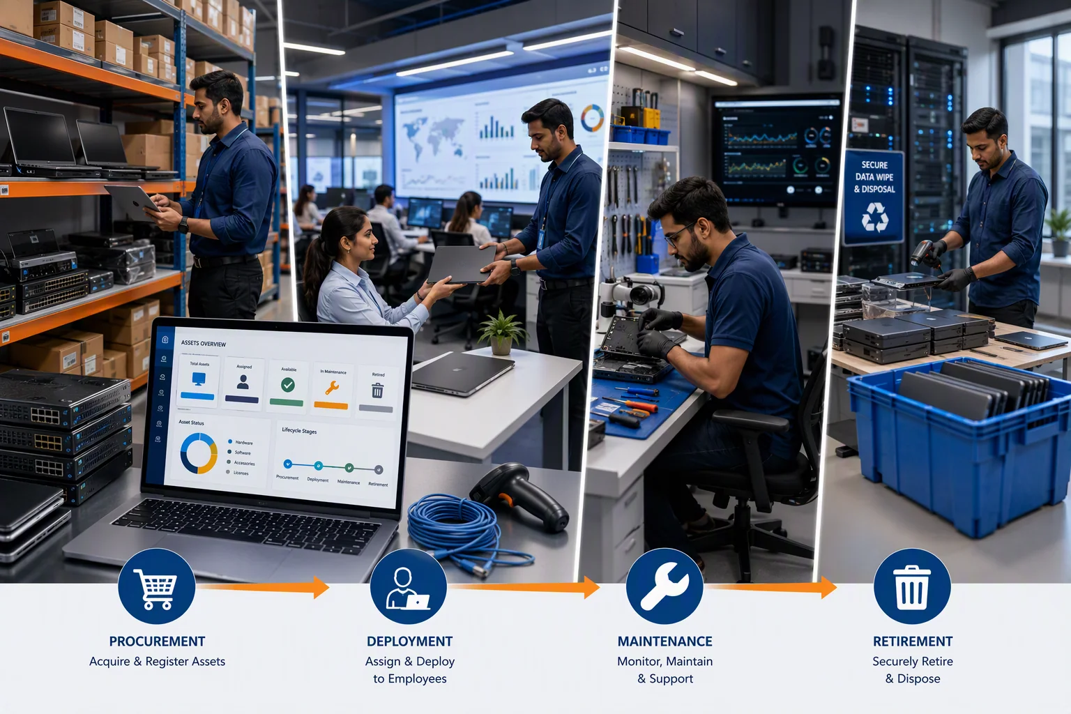 Company hardware moving through procurement, assignment, maintenance and retirement