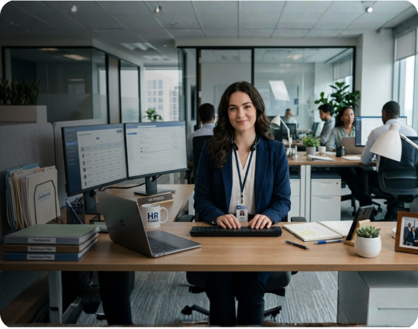 HR professional at her desk in a busy office