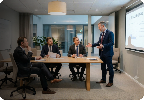 Colleagues in a meeting room discussing a presentation
