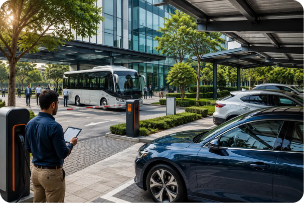 Employee with a tablet in a corporate car park