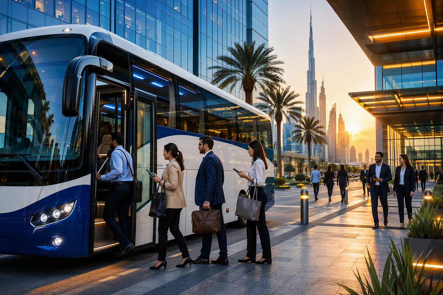 Employees boarding a premium corporate shuttle near a modern office campus