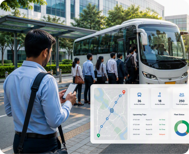 Employees boarding a corporate bus with a transport dashboard overlay