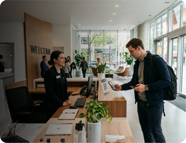 Receptionist welcoming a visitor who checks in with a QR code
