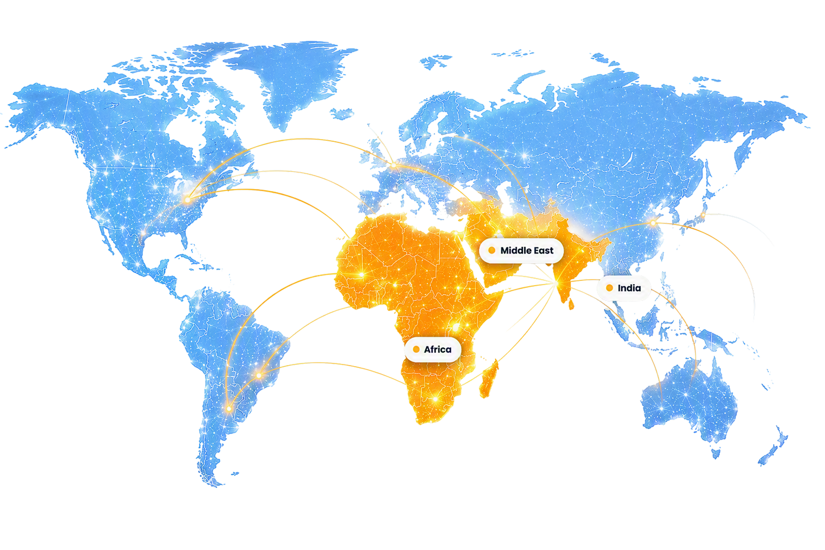 World map highlighting India, the Middle East and Africa with connected regions